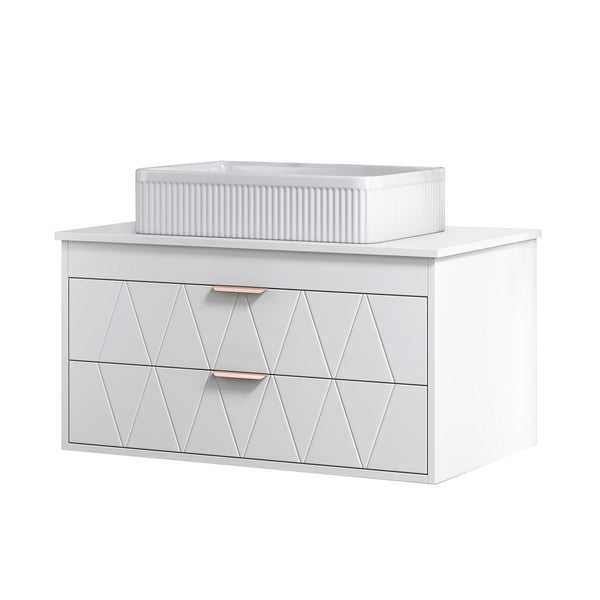 English Elm 31.5" White Modern Bathroom Vanity with Textured Ceramic Vessel Sink, Diamond Drawers, Rose Gold Accents W3136S00025