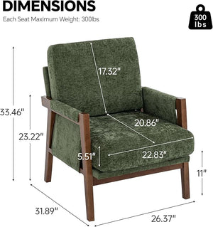 English Elm Mid-Century Solid Wood Accent Chair with Chenille Upholstery, Ergonomic Waist Support, Sturdy 300lb Capacity Green T3903P372383