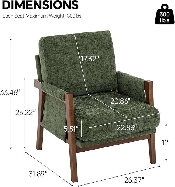 English Elm Mid-Century Solid Wood Accent Chair with Chenille Upholstery, Ergonomic Waist Support, Sturdy 300lb Capacity Green T3903P372383