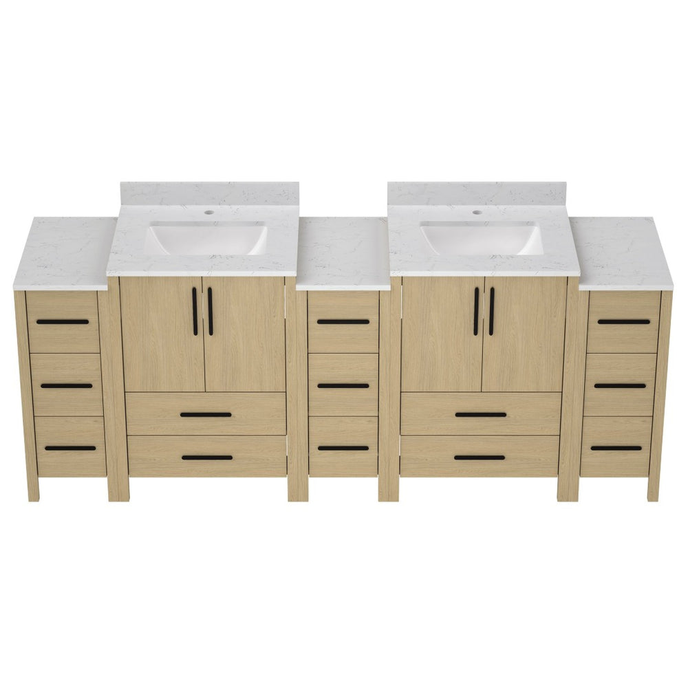 English Elm 108"w×22"d×34"h Freestanding Double Sink Vanity with White Countertop Soft Close T3785S00005