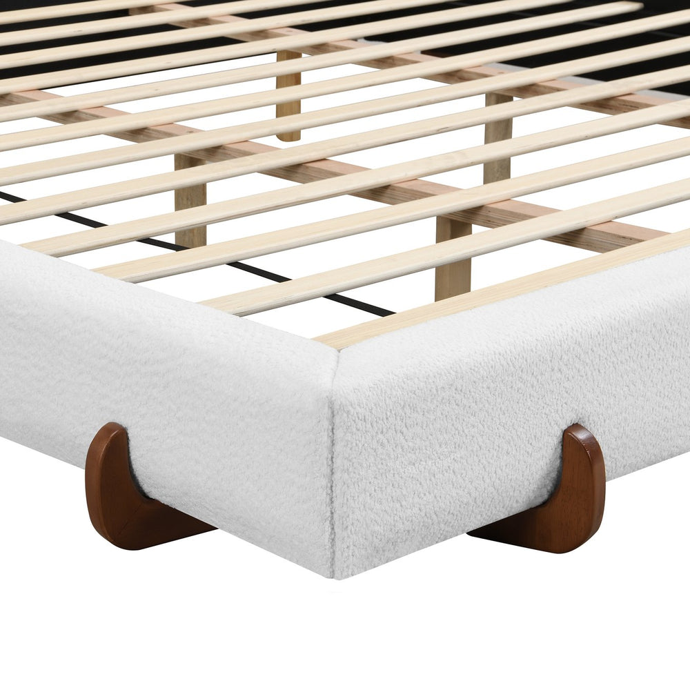 English Elm Christopher Knight Home® - Unique Upholstered Bed Frame California King with White Fabric, Brown Rubberwood Legs, Durable Stylish Design N769C355903W