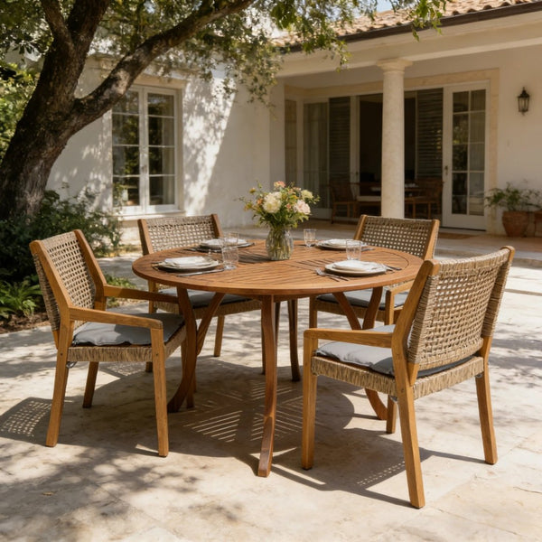 English Elm Modern Acacia Wood Round Patio Dining Set with Wicker Armchairs and Uv Resistant Cushions N770PS597R916