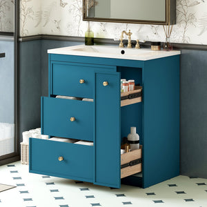 English Elm 30'' Modern Bathroom Vanity With Ceramic Sink, Durable Blue Finish & Ample Storage For Essentials N710P228374C