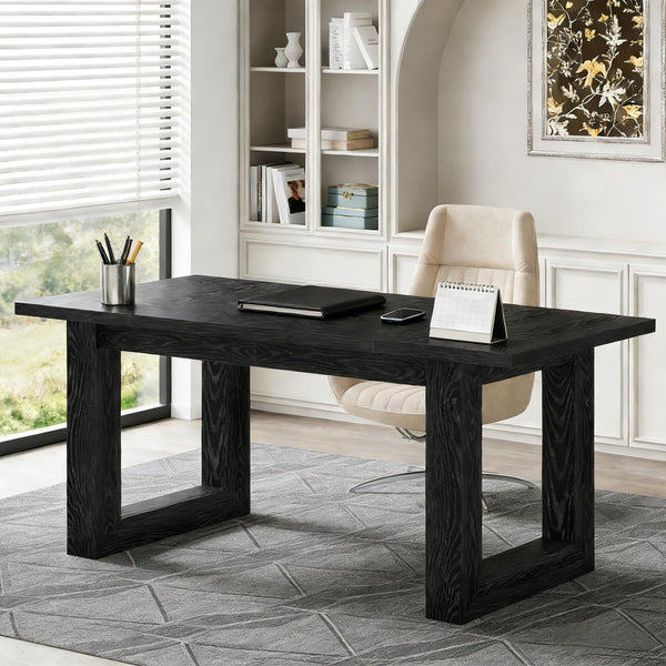 English Elm Sturdy Two-tier Computer Desk with File Cabinet and Monitor Riser for Home Office Black T3971P454054