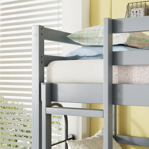 English Elm Triple Rubber Wood Bunk Bed with Built-In Ladders and Guardrails Maximizes Space for Families, Durable Design Grey W504S00174