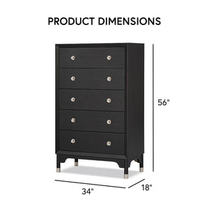 English Elm 1pc Mid-century Five-drawer Tall Chest Walnut Veneer Black Matte Finish Silver Legs B2741P446689