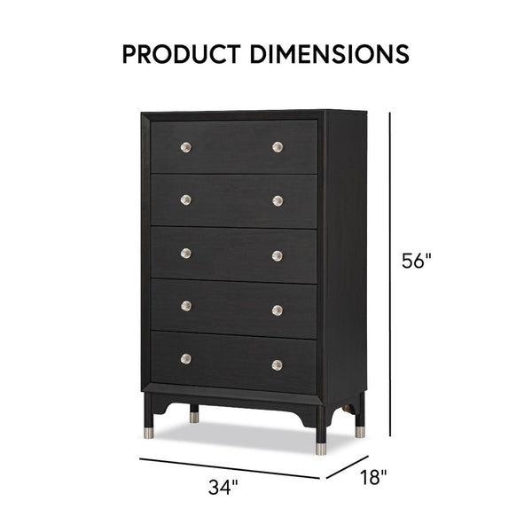 English Elm 1pc Mid-century Five-drawer Tall Chest Walnut Veneer Black Matte Finish Silver Legs B2741P446689