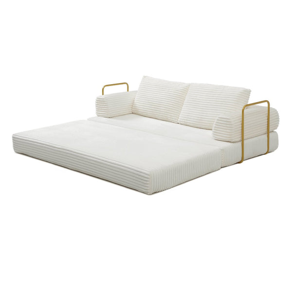English Elm Convertible Floor Sofa Futon with Corduroy Upholstery for Living Room Lounging and Sleeping Beige W1117P434687