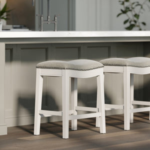 English Elm 26in. Whitewash Hardwood Backless Barstool Gray Upholstered Saddle Seat Nailhead B2751P436485
