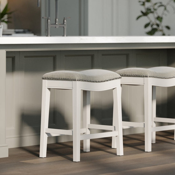 English Elm 26in. Whitewash Hardwood Backless Barstool Gray Upholstered Saddle Seat Nailhead B2751P436485