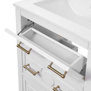 English Elm 24'' Bathroom Vanity with Ceramic Sink and 3 Drawers Retro Solid Wood Frame Freestanding Storage White N710P371184K