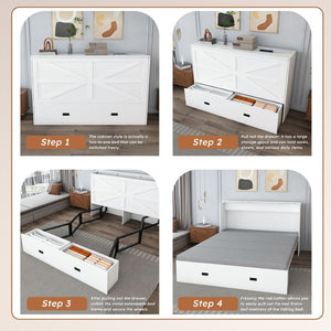 English Elm 57 Inch Murphy Bed Cabinet with Storage Drawers Charging Station and Rolling Casters White W509S00155