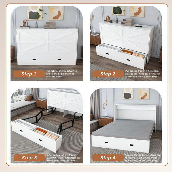 English Elm 57 Inch Murphy Bed Cabinet with Storage Drawers Charging Station and Rolling Casters White W509S00155