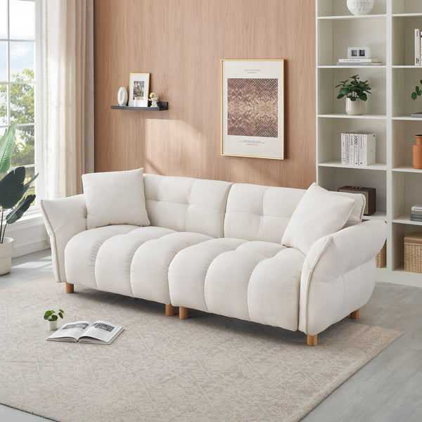 English Elm 93.70 Plush Teddy Sofa with Solid Wood Legs, 3-Seater Comfortable Sponge Cushions & Two Pillows Beige W3356S00025