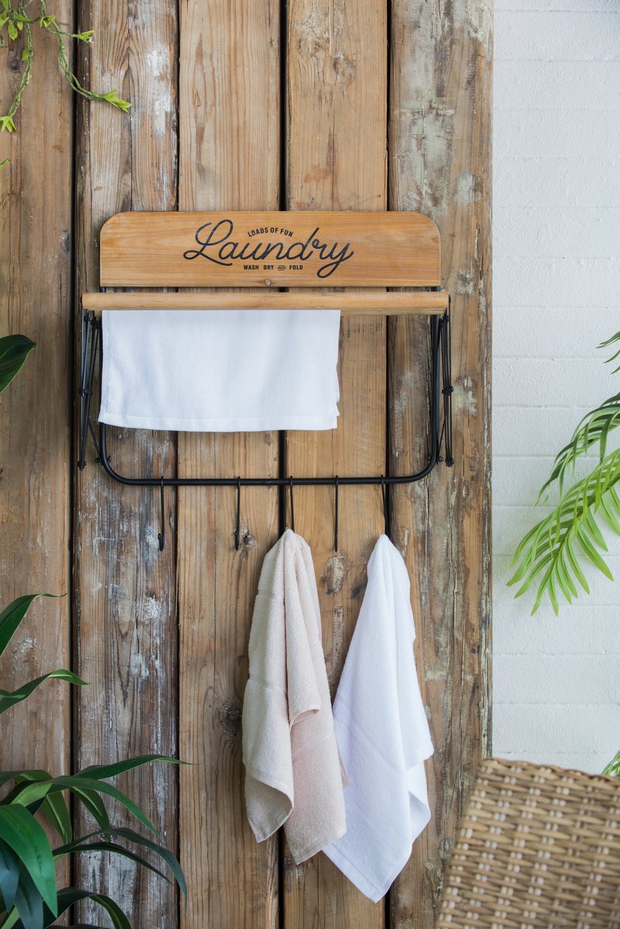English Elm 20x14x20" Wooden Accordion Laundry Rack with 3 Bars & 5 Hooks for Towels Robes Compact Organizer W2078P223127