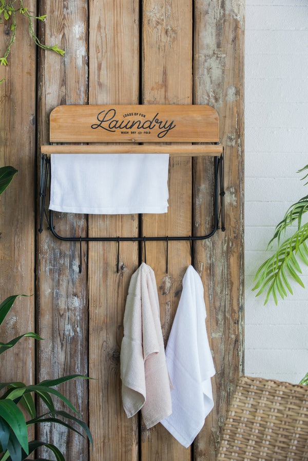 English Elm 20x14x20" Wooden Accordion Laundry Rack with 3 Bars & 5 Hooks for Towels Robes Compact Organizer W2078P223127