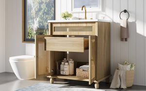 English Elm Christopher Knight Home® - 30-Inch Walnut Vanity with Seashell Resin Sink, Flip-Up Organizer, Soft-Close Doors & Legs Natural Wood N765P33418384B