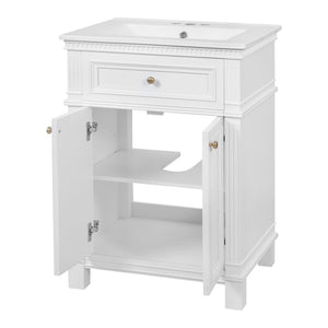 English Elm 24'' Carved Farmhouse Bathroom Vanity with Ceramic Sink Soft Close Storage Cabinet White N710P446530K