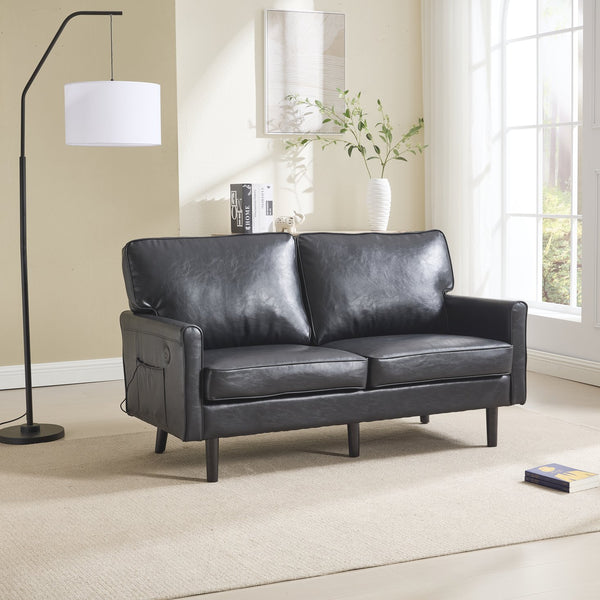 English Elm Loveseat Mid Century Modern Two-Seater Sofa with USB Type-C Charging, Removable Zipper Covers, Durable Wood Legs Black PU W395P238820