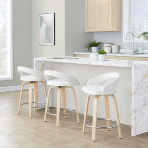 English Elm Fixed-height Swivel Counterstools with Velvet Seats Bent Wood Legs and Chrome Footrest B202S01764
