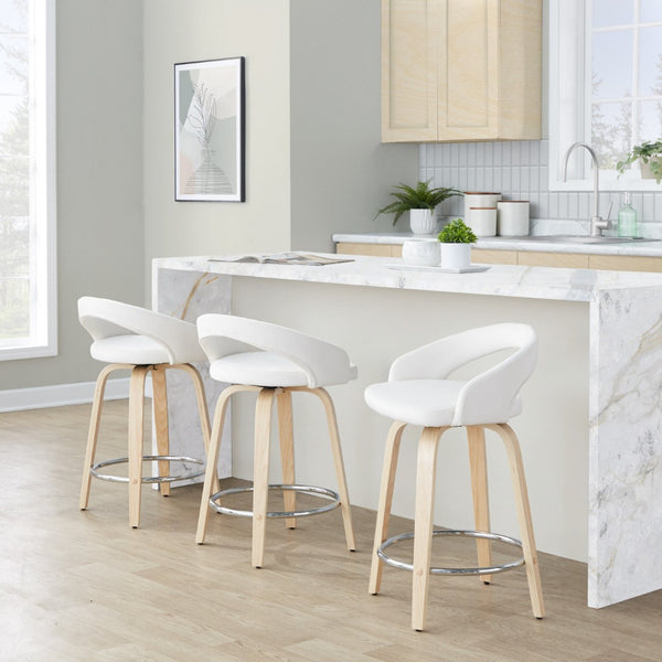 English Elm Fixed-height Swivel Counterstools with Velvet Seats Bent Wood Legs and Chrome Footrest B202S01764