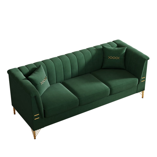 English Elm Fx-P82-Gr3 Modern Velvet Green Chesterfield 3-Seater Sofa With 2 Pillows - Stylish Comfort For Living Room W576S00219