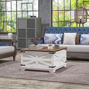 English Elm HOMCOM Farmhouse Coffee Table with Flip-Top Hidden Storage, Square Lift-Top Center Table White W2225P173969