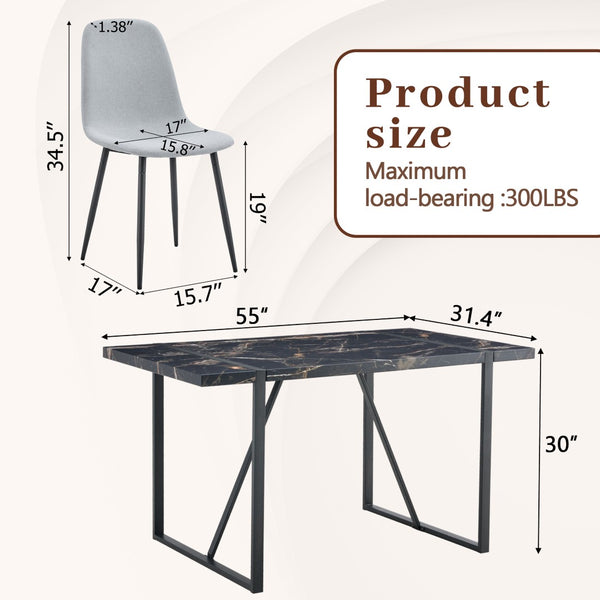 English Elm Table Modern Black Marble Dining Set With 4 Light Gray Linen Chairs - Stylish, Compact Design! W1151S02703-GIGA