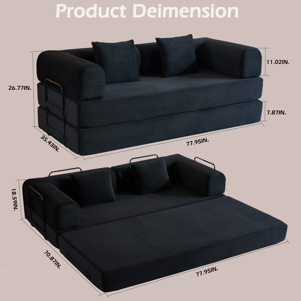 English Elm Convertible Sleeper Sofa Bed with Corduroy Upholstery, 4‑in‑1 Folding Couch Mattress, Space‑Saving Lounge Black W3434P346241