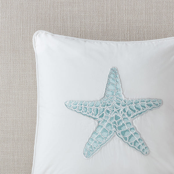 JLA Home Harbor House Blue - Square Harbor House Maya Bay Embroidered Seashell Pillow — 100% Cotton, OEKO-TEX, Coastal Chic Accent HH30-1229A