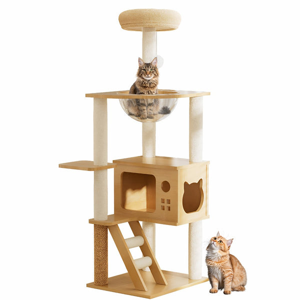 English Elm 48.8" Modern Wood Cat Tower Sisal Posts Acrylic Hammock Perch for Indoor Cats W3101P314628