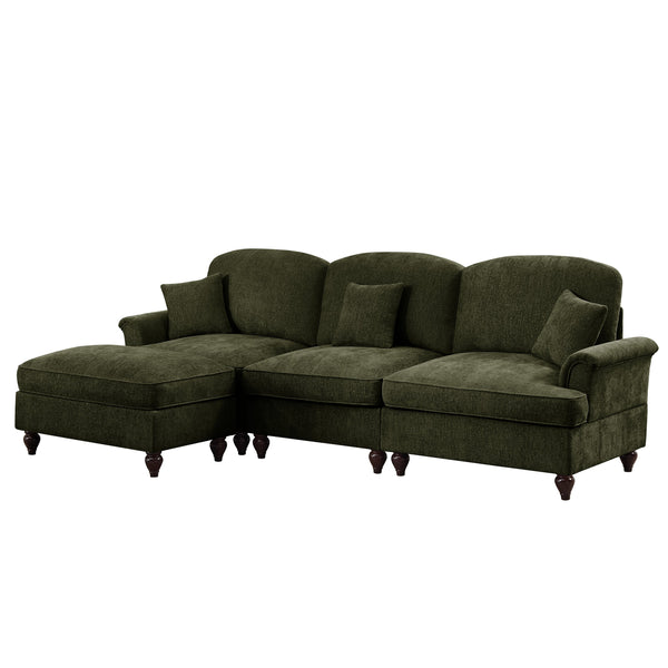 English Elm Mid Century three-seater modular L-shaped sectional sofa with removable ruffle skirts, chenille comfort and spindle legs — versatile, elegant seating solution Green W3041S00267