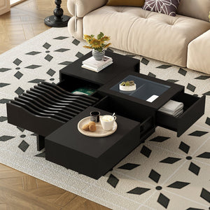 English Elm VIBE Mid Century Square Coffee Table with Tempered Glass Display, 3 Drawers, Solid Wood Craftsmanship Black N724P270432B