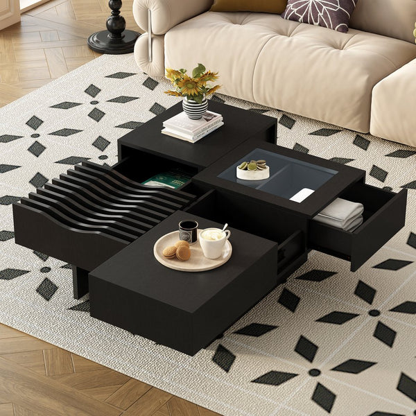 English Elm VIBE Mid Century Square Coffee Table with Tempered Glass Display, 3 Drawers, Solid Wood Craftsmanship Black N724P270432B