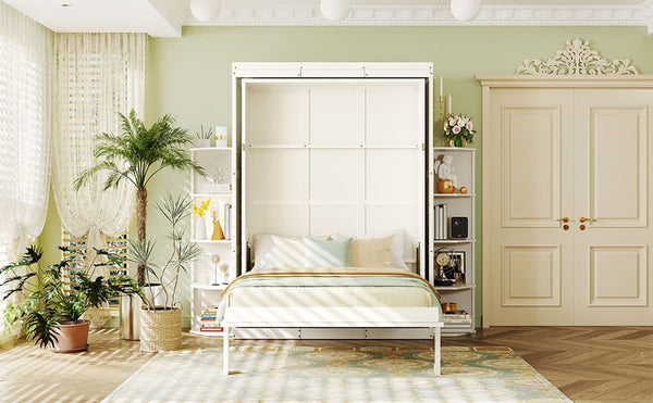 English Elm Rotating Murphy Wall Bed with Convertible Desk Dual Side Shelves Full Size Mdf Cabinet White LP000961AAK
