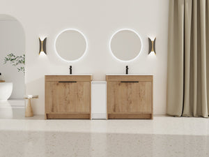 English Elm 84 Inch Freestanding Bathroom Vanity with Integrated Resin Sink, Soft-Close Doors, Shelves & Extra Storage Space Glossy White,Imitative Oak W999S00325