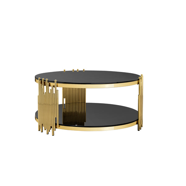 English Elm double double layer black tempered glass top stainless steel round coffee table - gold frame, two-tier storage, modern luxury for living room, office, bedroom W2723P252344