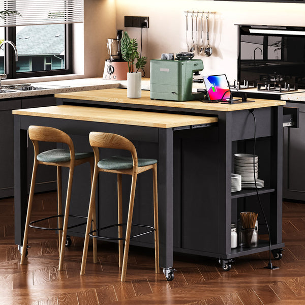 English Elm K&K 47 Inch Kitchen Island with Extendable Dining Table, Rolling Storage Cabinet, Built-In Power Black N707P215327B