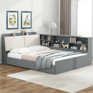English Elm Wood Full Size platform bed with storage headboard, built-in shelves and drawers, sturdy pine frame, compact solution for small rooms Gray GX002054AAE