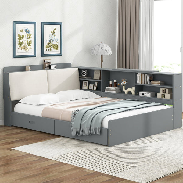 English Elm Wood Full Size platform bed with storage headboard, built-in shelves and drawers, sturdy pine frame, compact solution for small rooms Gray GX002054AAE