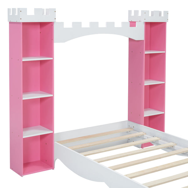 English Elm Castle-Shaped Twin Bed with Crown Footboard and Built-In Shelves, Sturdy MDF/Pine Frame for Kids Pink+White 56.69 L x 17.72 W x 5.51 H N733S177379H
