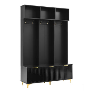 English Elm ON-TREND Modern Hall Tree with Bench and Shoe Storage, High Gloss Fluted Doors, Gold Accents, 75"H Black+Gold N721P180460B