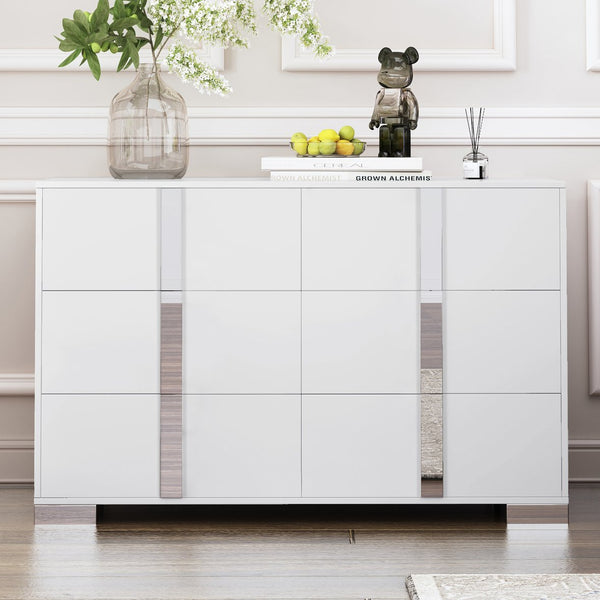 English Elm Elegant Mirrored Dresser with Metal Feet and 6 Spacious Drawers for Organized, Modern Living Spaces White 54.25 L x 20.75 W x 8.5 H N733P307943W