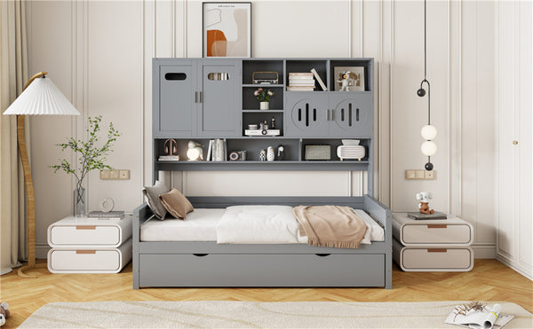 English Elm Twin Size Wooden Daybed With Trundle, Integrated Storage Cabinet & Shelves For Kids' Rooms, Gray N820S00026E-GIGA