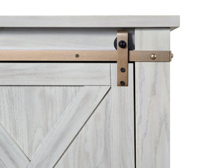 English Elm Antique Rustic Farmhouse TV Console 72"W with Sliding X-Panel Doors, Metal Accents & Open Shelves Antique White 77 L x 34 W x 9 H B2741P361924