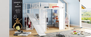 English Elm Full Full Size Metal Loft Bed with Built-In Desk, Slide, Basketball Hoop and Open Wardrobe Storage White GX001524AAK