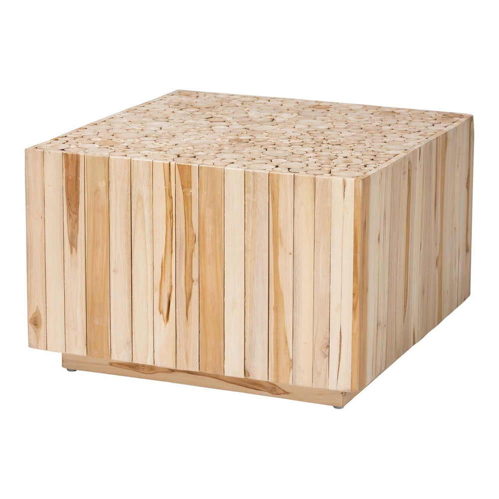 English Elm Bohemian Handcrafted Teak Round Coffee Table with Stacked Log Base for Living Rooms B2750P467758