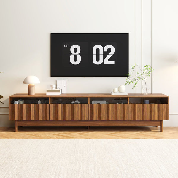 English Elm 78inch TV Stand Walnut for up to 85" TVs — Fluted Glass Drawers, Cable Management, Solid-Wood Legs PMID N710P362197P