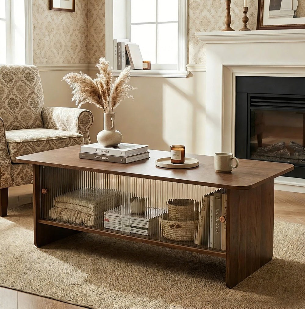 English Elm 47"rectangular Coffee Table Fluted Glass Sliding Doors Retro Wood Grain Living Room Storage Brown W3935P408518