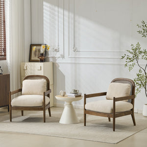 English Elm Christopher Knight Home® - [Set of 2] 26.6" Mid-Century Modern Accent Chair with Solid Wood Frame, Rattan Back and Plush Upholstery Beige Stripe,Light Brown N767P298390I